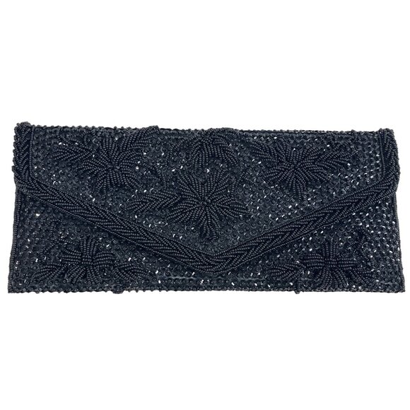 Handmade Women’s Black Beaded  Flower Pattern Evening Clutch Bag Sz S - Picture 1 of 6